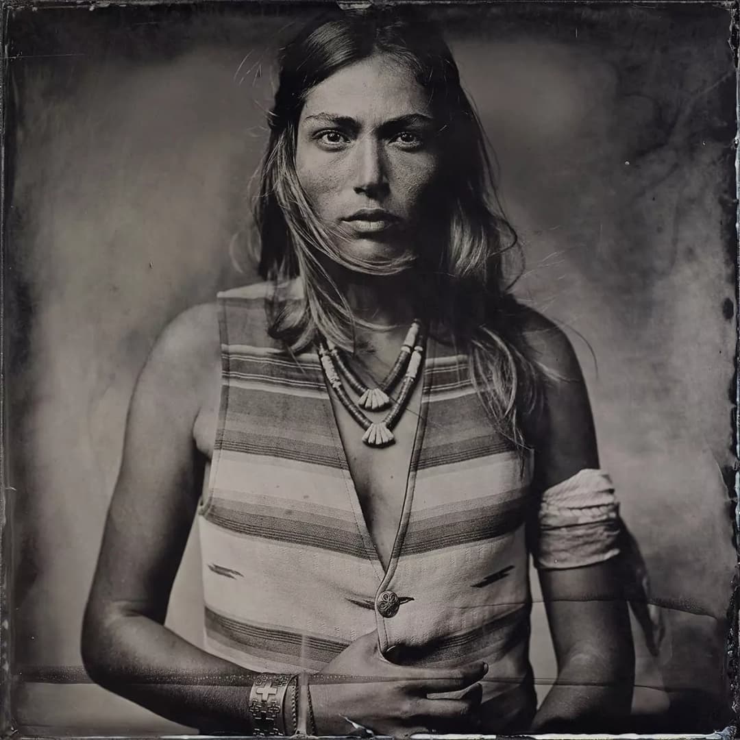 Collodion portrait of a woman with Navajo jewelry by Harpo.