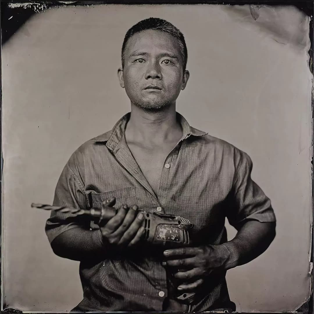 Collodion picture of a Vietnamese man holding a driller.