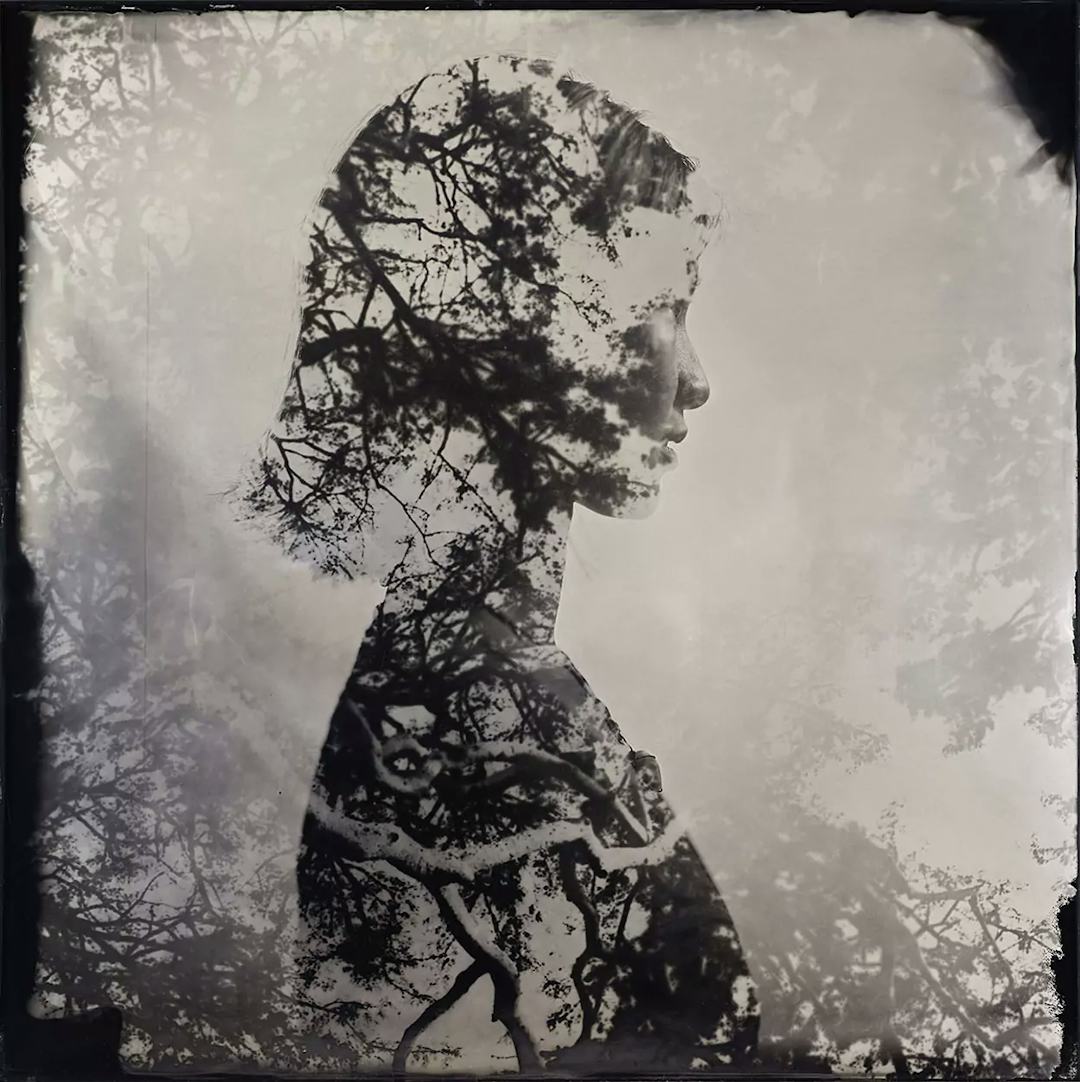 Collodion double exposure vietnamese woman and forest.