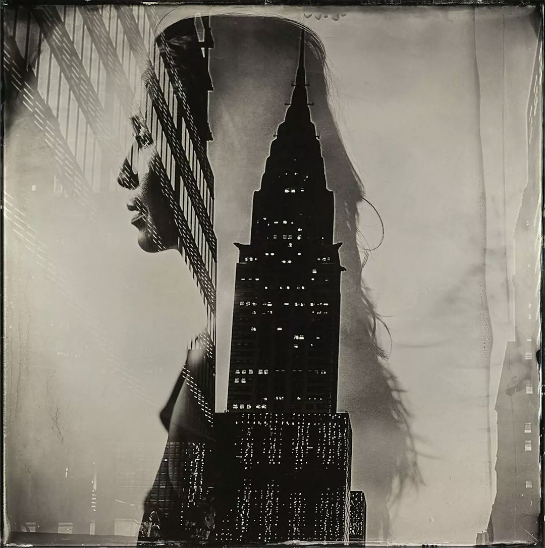 Collodion double exposure vietnamese woman and Empire State Building.