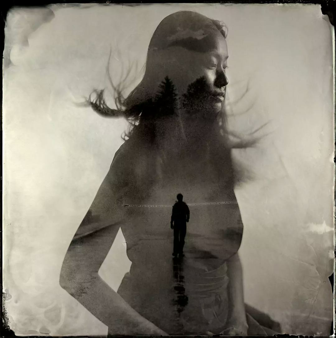 Collodion double exposure vietnamese woman and man walking.